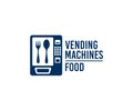 Vending machines on sale of food and snacks, logo design. Buying food in packaging and food packs, automatic selling or sell, cons