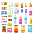 Vending products. Beverages and snack plastic package, fast food snack packs, biscuit sandwich. Drinks water juice flat