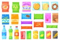 Vending products. Sandwich chips snacks packets, candy snack in wrapper package food bar machine, water drinks juice