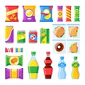 Vending products. Snacks, chips, sandwich and drinks for vendor machine bar. Cold beverages and snack in plastic package vector