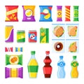 Vending products. Snacks, chips, sandwich and drinks for vendor machine bar. Cold beverages and snack in plastic package Royalty Free Stock Photo