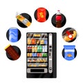 Vending snacks automatic machine and fast food icons. Vector flat cartoon illustration. Meal and drinks selling service Royalty Free Stock Photo