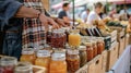 A vendor arranging jars of homemade jams and preserves on a table as customers stop by to taste and inquire about the