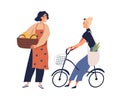 Vendor with fruit and vegetable basket talking with buyer on bicycle and selling organic farm goods. Local greengrocer