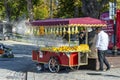 A vendor sells fresh cooked corn on the cob in the Sultanahmet Square district of Istanbul Turkey, as a man with a stroller passes Royalty Free Stock Photo