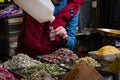 Vendor at spice , herb, perfume and oil store in souq, Damascus, Syria Royalty Free Stock Photo