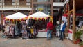 Vendor stalls in the courtyard of an historic building