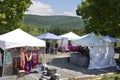 Vendors tents overlooking view at the Delaplane Strawberry Festival at Sky Meadows State Park in Delaplane, Virginia