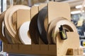 Veneer or edge band tapes at woodworking factory Royalty Free Stock Photo