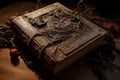 Venerable Ancient book on wooden table. Generate Ai