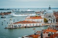 Venetian aerial cityscape view of Basilica Santa Maria della Salute from San Marco Campanile. Venice, Italy. Cruise ship Royalty Free Stock Photo