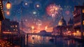Venetian Canal Nighttime Fireworks Illustration Royalty Free Stock Photo