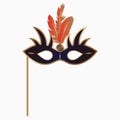 Venetian carnival face mask with feathers and handle. Decoration accessory for masquerade party. Vector. Royalty Free Stock Photo