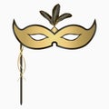 Venetian carnival face mask with feathers and handle. Decoration for masquerade party. Vector. Royalty Free Stock Photo