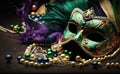 Venetian carnival mask and beads decoration. Mardi gras background