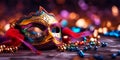 Venetian carnival mask and beads decoration. Mardi gras background