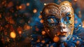 Venetian Carnival Mask with Bokeh Lights and Confetti on Defocused Background - Masquerade Disguise Royalty Free Stock Photo