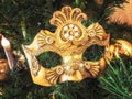 Venetian carnival mask on christmas tree. Christmas and New Year`s background. Christmas tree, ball, candle, mask Royalty Free Stock Photo