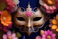 Venetian carnival mask whit flowers around and Blue background. generative ai