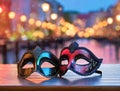 Venetian carnival masks in front of canal in Venice at night Royalty Free Stock Photo