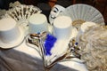 Venetian carnival masks. Party masks on a table.