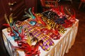 Venetian carnival masks. Party masks on a table. Royalty Free Stock Photo