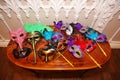 Venetian carnival masks. Party masks on a table. Royalty Free Stock Photo