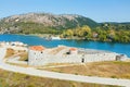 The Venetian castle. Butrint National Park and Museum-Reserve. Vivari Strait. Albania. Vlora. View from above. Drone shooting Royalty Free Stock Photo