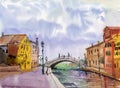 Watercolor painting of Venetian bridge