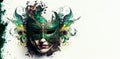 Venetian female mask carnival green colorful splash art masquerade woman red lips mardi gras banner copy space on white Royalty Free Stock Photo