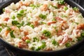 Venetian food Risi e Bisi of rice with peas and ham slices close-up in a plate. horizontal Royalty Free Stock Photo