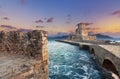 The Venetian Fortress of Methoni at sunset in Peloponnese, Messenia. Royalty Free Stock Photo