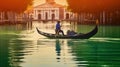 Venetian gondolier punting gondola through green canal waters of Venice Italy, Generative AI