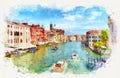 Venetian Grand Canal with boats, watercolor painting Royalty Free Stock Photo