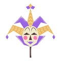 Venetian harlequin mask on a stick. Bright yellow and purple joker mask.