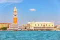 The Venetian Lagoon with the main sights such as Doge`s Palace and Piazza San Marco, view from the sea