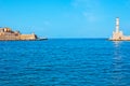 The Venetian lighthouse and rampart of Firkas Fortress, Chania marina, Crete, Greece