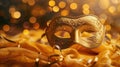 Venetian Mask at Carnival Party on Yellow Satin with Shiny Streamers and Abstract Bokeh Lights Royalty Free Stock Photo