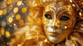 Venetian Mask at Carnival Party on Yellow Satin with Shiny Streamers and Abstract Bokeh Lights Royalty Free Stock Photo