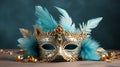 Venetian Mask with Feathers on Blue Background, Close-up Portrait for Carnival and Costume Design
