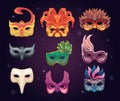 Venetian masks. Party colored carnival items for masked faces mystery night festive fashion event exact vector cartoon templates