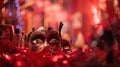 Venetian Masks On Red Glitter With Shiny Streamers On Abstract Defocused Bokeh Lights - Carnival Party. Generative ai Royalty Free Stock Photo