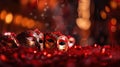 Venetian Masks On Red Glitter With Shiny Streamers On Abstract Defocused Bokeh Lights - Carnival Party. Generative ai Royalty Free Stock Photo
