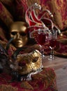 Venetian masks and red wine Royalty Free Stock Photo