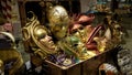 Venetian masks in store window, Venice, Italy. Famous carnival in Venice is an annual costume festival, which attracts many