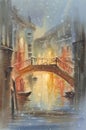 Venetian night lights with snow watercolor landscape. A canal with gondolas under the bridge