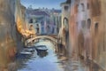 Venetian night lights watercolor landscape. A canal with gondolas under the bridge