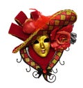 Venetian noble, golden mask with a red hat on a white background
