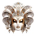 Venetian white and golden ornate carnival mask on transparent background