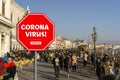 Venezia shutdown for coronavirus. The gondola is closed do to Covid-19 outbreak. People walking in the plaza.